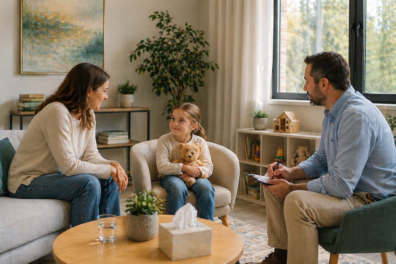 Illustration of a family sitting together and talking
